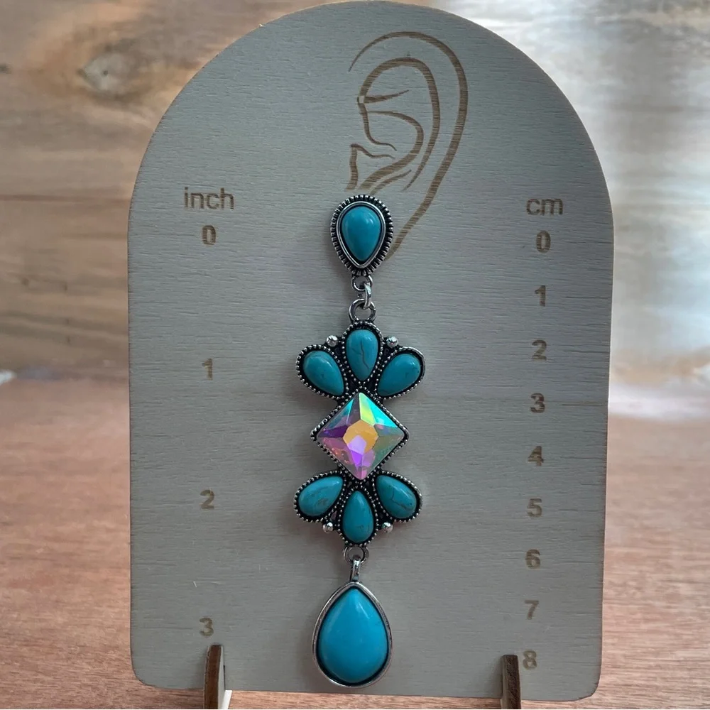 Faux Turquoise Cluster Dangle Earrings with Rhinestones - Picture 2 of 2